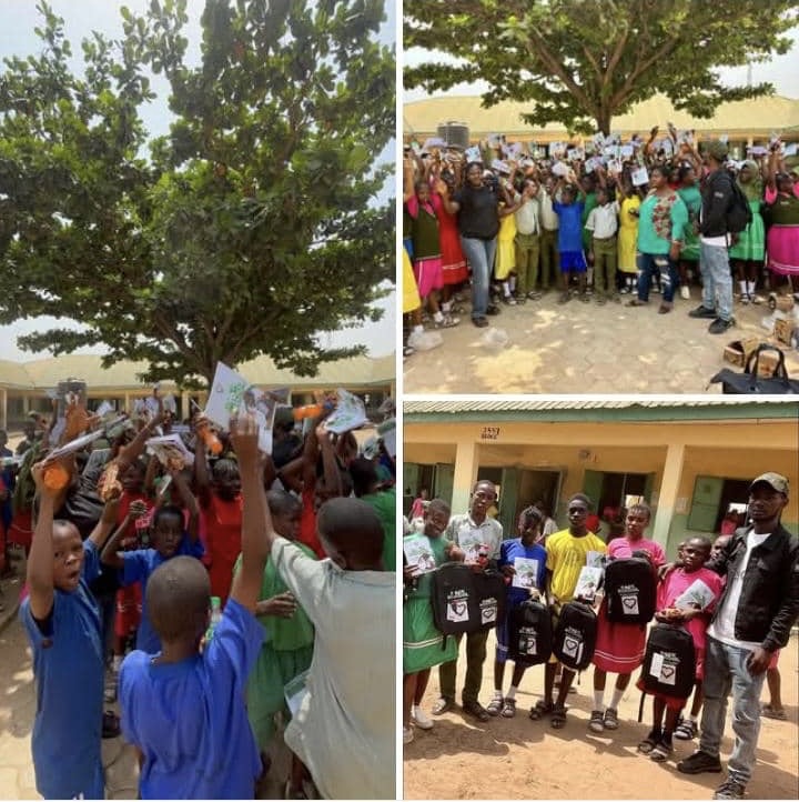 Children celebrating with their new EDUCATE HER notebooks and learning materials during a Halimat Humanitarian Foundation education outreach