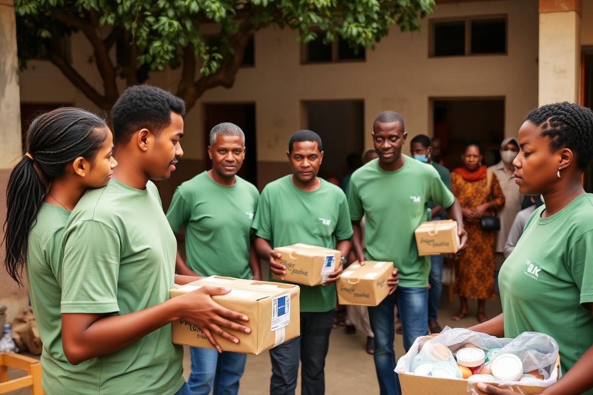 Volunteers in green t-shirts handing boxes of relief supplies to families in a community courtyard